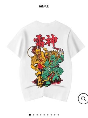 Niepce White Short-Sleeve Graphic Tee with Red & Green Oni Print (PTT113)
